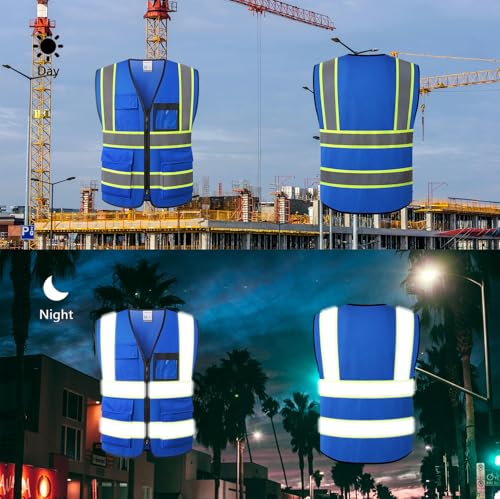 Reflective Safety Vest for Men Women Hi Vis Vest with 8 Pockets High Visibility Mesh Reflective Vest Meets ANSI/ISEA Standards (Blue-07, Medium) - color: Blue, size: Medium