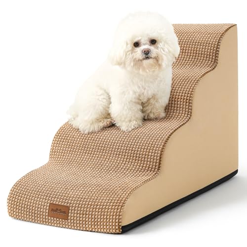 COZY KISS Dog Stairs for Small Dogs, Curved Dog Step for Puppy, Older or Cat, Medium Pet Ramp for Sofa, Couch or Bed, Ladder with High Density Foam, 15.7x28.3x19.7 inch, 4 Step, Light Brown - color: Light Brown, size: Standard: 15.7"x28.3"x19.7"