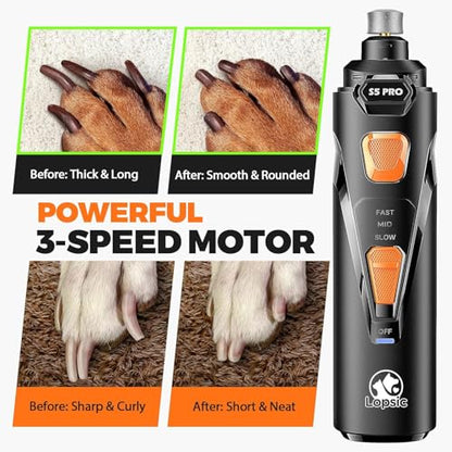 Whisper Quiet Dog Nail Grinder with 4 LED Lights, Safe & Stress-Free for Sensitive Dogs Cats of All Breeds & Sizes, 3 Grinding Bits, 3-Speed, Pet Nail Trimmers, Rechargeable Painless Grooming Kit - color: Black