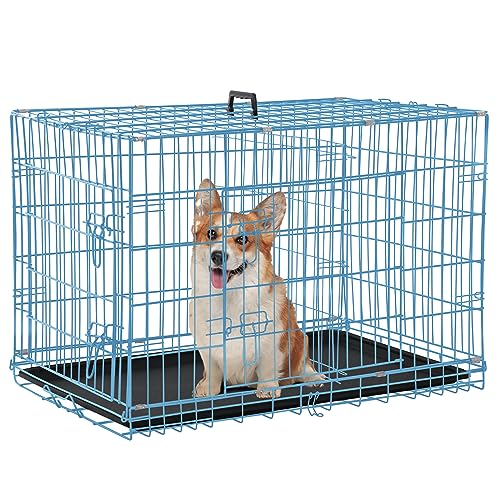Folding Dog Crate 36" Metal Portable Outdoor Double Door Wire Large Cat Pet Dog Cage Kennel with ABS Tray LC & Divider, Blue - color: Blue, size: 36 inch