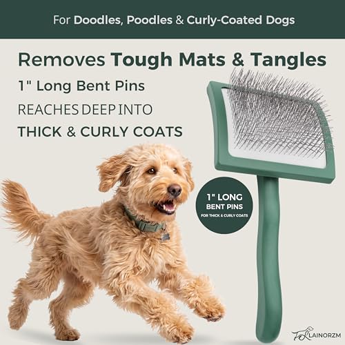 Slicker Brush for Dogs - Professional Long Pin Doodle Grooming Brush for Goldendoodles, Poodles, Labradoodles - Detangle, Fluff & Dematting Tool for Wavy & Curly Hair (Large Curved)