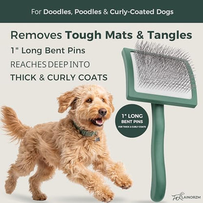 Slicker Brush for Dogs - Professional Long Pin Doodle Grooming Brush for Goldendoodles, Poodles, Labradoodles - Detangle, Fluff & Dematting Tool for Wavy & Curly Hair (Large Curved)