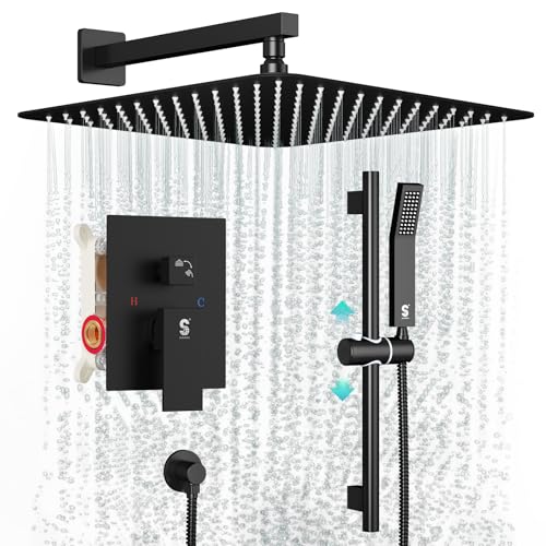SR SUN RISE 12 Inch Slide Bar Shower Faucet Luxury High Pressure Shower Heads and Handheld Spray Combo Set Wall Mounted Shower System Included Valve and Trim Kit, Matte Black - color: Matte Black, style: 12"