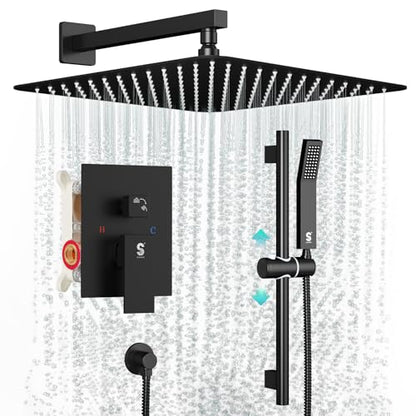 SR SUN RISE 12 Inch Slide Bar Shower Faucet Luxury High Pressure Shower Heads and Handheld Spray Combo Set Wall Mounted Shower System Included Valve and Trim Kit, Matte Black - color: Matte Black, style: 12"