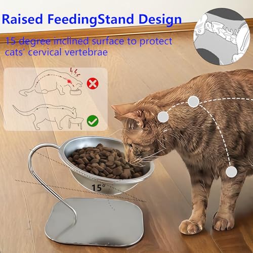 Elevated Cat Bowls,15 Degree Inclined Stainless Steel Cat Bowls,Detachable Metal Bracket,Protect The Cervical Spine,Prevent Vomiting,Ergonomic Design for Healthy Eating & Digestion,2PC (2PC) - size: 2PC