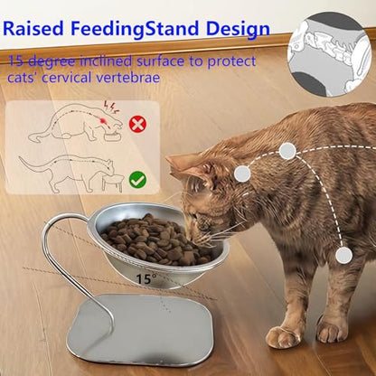 Elevated Cat Bowls,15 Degree Inclined Stainless Steel Cat Bowls,Detachable Metal Bracket,Protect The Cervical Spine,Prevent Vomiting,Ergonomic Design for Healthy Eating & Digestion,2PC (2PC) - size: 2PC