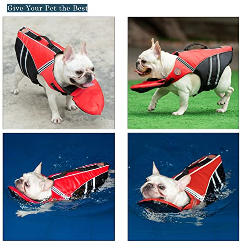 Dog Life Jacket, French Bulldog Life Vest for Swimming Boating, Dog Swim Vest with Chin Float and Rescue Handle, High Flotation Puppy Life Jackets (Chest Girth: 17" to 30", Weight: 17" to 28" LB) - color: Bright Red