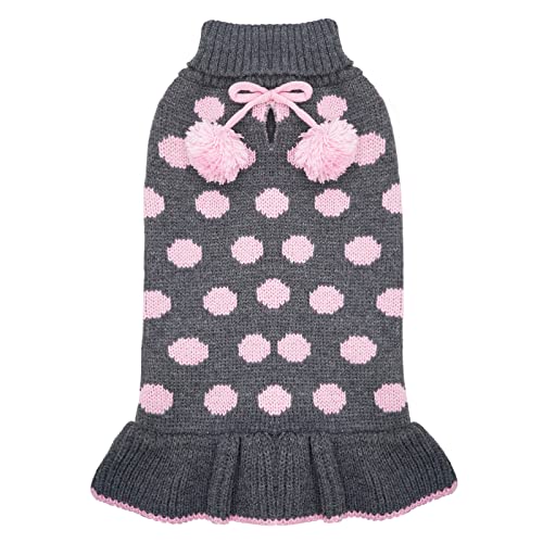 KYEESE Dog Sweater Dress Polka Dot Turtleneck Dogs Sweaters for Girl with Leash Hole Knit Pullover with Pom Pom Ball - color: 02# Polkadot (Grey), size: Large (13-19lbs)