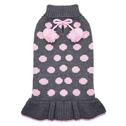 KYEESE Dog Sweaters with Leash Hole Small Turtleneck Dog Sweater Dress for Girl Polka Dot Knit Warm Pet Clothes with Pom Pom Ball - color: 02# Polkadot (Grey), size: X-Small (2-3lbs)