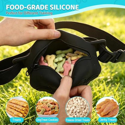 Dog Treat Pouch with Training Clicker and 2 Poop Bags, 1.8 Cup Small Sealable Zipper Silicone Fanny Pack with Waist Belt, Pet Puppy Training & Walking Essentials (Black) - color: Black