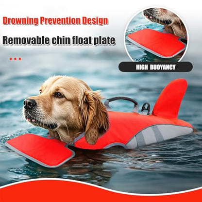 BAMY Shark Dog Life Jacket with Chin Float Pet Swimming Vest with Rescue Handle Large Dogs Safety Lifesaver Life Vest for Small Medium Large Dogs (Red, M) - color: Red, size: M