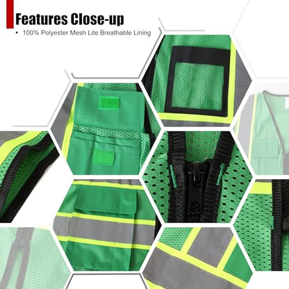 Reflective Safety Vest for Men Women Hi Vis Vest with 8 Pockets High Visibility Mesh Reflective Vest Meets ANSI/ISEA Standards (Green-07,Large) - color: Green, size: Large