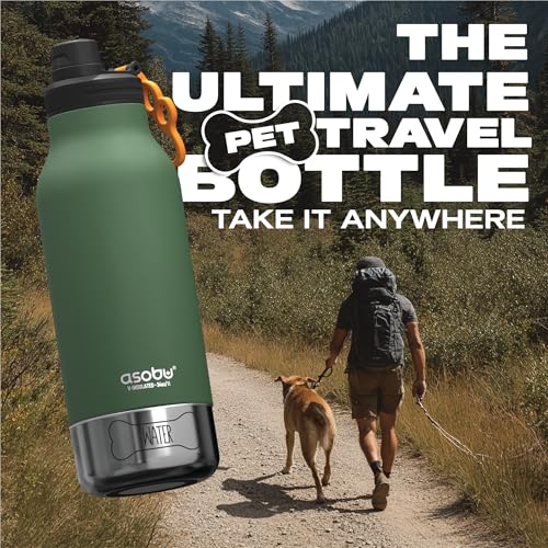 asobu Dog Barky Bottle - 음식, 간식 및 물을 위한 탈착식 강아지 그릇 2개가 있는 단열 스테인리스 스틸 물병 - 하이킹, 도로 여행 및 야외 모험을 위한 반려동물 친화적인 여행용 병 - color: 바질 그린.