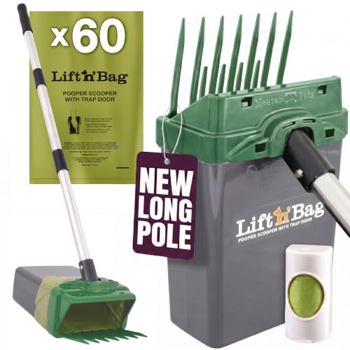 Neater Pet Brands Lift N’ Bag 2.0 Dog Pooper Scooper with Bag Attachment & 31" Pole for Small to Large Dogs, New Longer Pole, 60 Refill Bags, Heavy Duty Dog Poop Scooper for Yard, One-Hand Use - color: Green Scoop w/ Grey Bin, size: 60 Bags