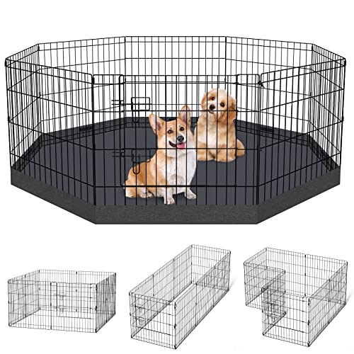 Dog Pen Pet Playpen Dog Fence Indoor Foldable Metal Wire Exercise Puppy Play Yard Pet Enclosure Indoor Outdoor 8 Panels 24 Inch with Bottom Pad/Top Cover (Black with Bottom pad) - style: Playpen + bottom pad