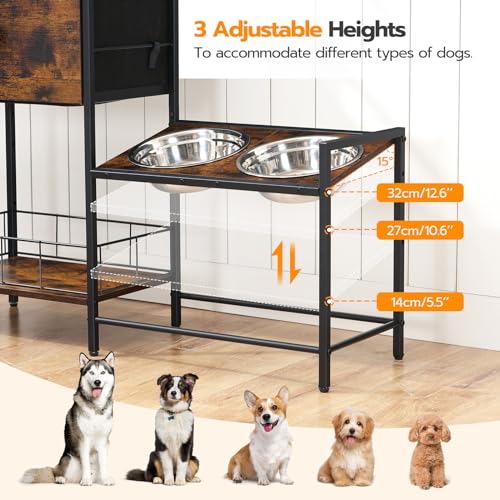 HOOBRO Elevated Dog Bowls Stand with Drawer, Height Adjustable Raised Feeding Station Cabinet with Storage Basket, 4-IN-1 Pet Storage Organizer for Large Medium Breeds, Rustic Brown and Black BF22PO03
