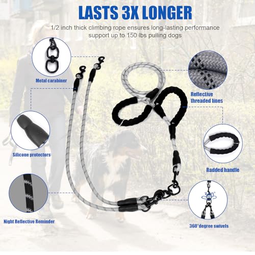 Exceptional 360 Anti-Tangle & No Pull Dog Leash - Four Handle & Reflective for Safety & Convenience - Small & Medium Dogs (Grey, 4 Way) - color: Gray, size: 4 Way