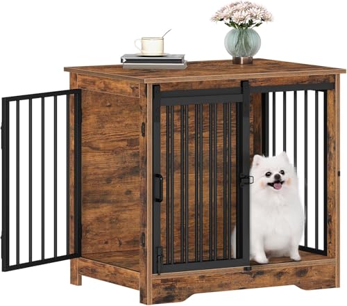 Hzuaneri 27.2" Dog Crate Furniture with Barn Door, Heavy Duty Dog Kennel Indoor with 2 Doors, Wooden Pet Cage End Table for Small Medium Dogs up to 22 lb, Anti-Chew Anti-Escape, Rustic Brown DFC84301B - color: Rustic Brown, size: 27.2"L x 19.3"W x 25.4"H