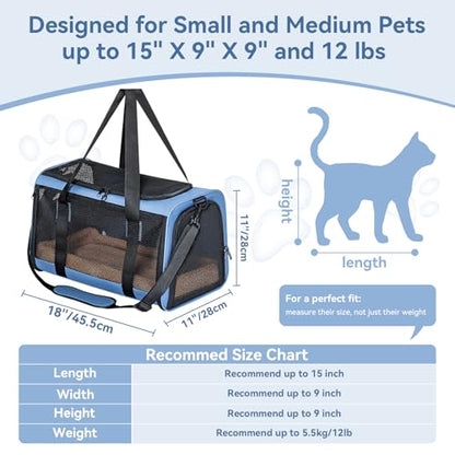PETSFIT Soft-Sided Cat Carrier with Patented Safety Buckles, Lockable Zippers & Safety Tether,Escape-Resistant Travel Pet Carrier for Car Rides & Vet Visits, Airline Approved Under-Seat, Up to 12 lbs - color: Blue, size: 18.0"L x 11.0"W x 11.0"H