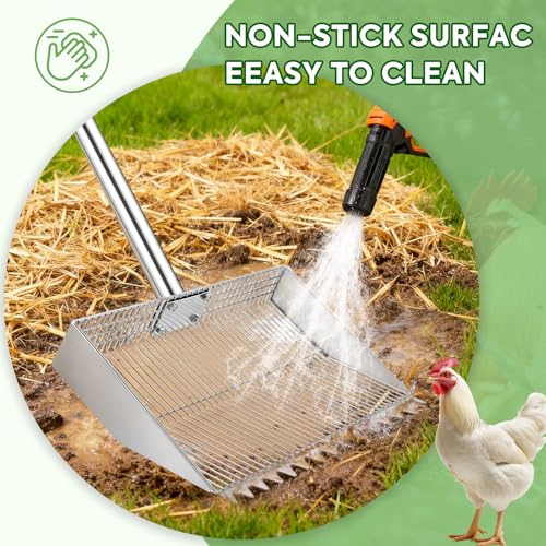 Chicken Poop Scooper Rake: 15in Extra Large Rake and Shovel,Chicken Pooper Scooper with Plastic Handle,Metal Chicken Coop Accessories,Tool for Manure Cleaning in Small Poultry and Stable