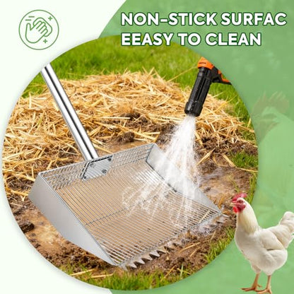 Chicken Poop Scooper Rake: 15in Extra Large Rake and Shovel,Chicken Pooper Scooper with Plastic Handle,Metal Chicken Coop Accessories,Tool for Manure Cleaning in Small Poultry and Stable