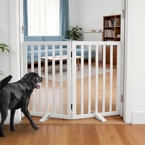 ZJSF Freestanding Indoor Dog Gate for House Foldable Wood White Puppy Gate for Doorways Pet Gate for Stairs Extra Wide Pet Fence 32" Height 2 Panels - color: White, size: 【2 Panels】40''w x 32''h