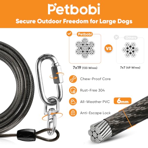 Petbobi Dog Tie Out Cable & Stake, Heavy Duty 30FT Lead for 300lbs Dog | Escape-Proof Screw-Lock, 6mm Chew-Proof Tether, 16.5" Stake, 360° Swivel, 5-In-1 Set with Rod, Yard Beach & Camping Outside - size: 30ft