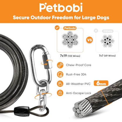 Petbobi Dog Tie Out Cable & Stake, Heavy Duty 30FT Lead for 300lbs Dog | Escape-Proof Screw-Lock, 6mm Chew-Proof Tether, 16.5" Stake, 360° Swivel, 5-In-1 Set with Rod, Yard Beach & Camping Outside - size: 30ft