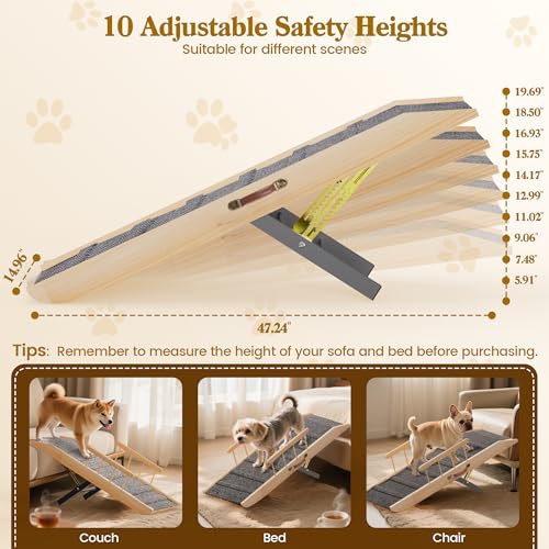 Dog Ramp for Bed Couch, Pet Ramp for Small Medium Old Dogs Cats with 10 Adjustable Heights from 5.91" to 19.69", 47" Long Portable Non-Slip Dog Bed Ramp for High Bed, Couch, Hold up to 200 LBS - size: 47.24 Inch