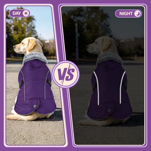 DENTRUN Warm Dog Winter Coat, Easy On Reflective Turtleneck Fleece Jacket | Adjustable buckle, easy on off, windproof & water-repellent, thick fleece snowsuit, outfit fits small to large breeds - color: Purple, size: Medium