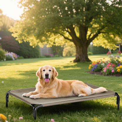 Elevated Dog Bed Outdoor, Medium Raised Cooling Dogs Cot, Lifted Pet Beds with Durable Breathable Teslin Mesh, Pet's Hammock with Non-Slip Feet, 35 inch Brown - color: Brown, size: 35"L x 22"W x 8"Th