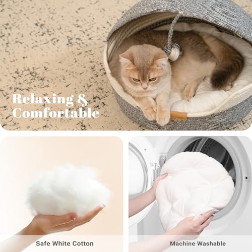 CHEERPALS Cat Basket Bed with Washable Cushion and Ball Rope Cotton, Covered Pet Bed for Indoor Cats Cave Bed Hooded, Stimulicat Cat Bed Handwoven Breathable, All Season Universal(Blue) - color: Blue