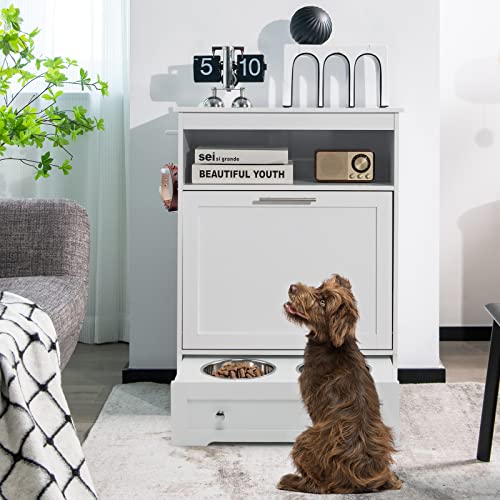 Dog Feeding Station, Dog Food Storage Cabinet w/Double Raised Dog Bowls, Pull Out Design, Large Dog Feeder Station Container for Pets Toy, Feeding & Watering Supplies (White) - color: White