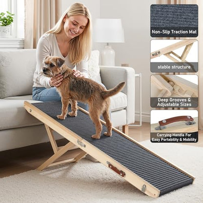 Wooden Dog Ramp for Couch High Bed, Non Slip Pet Ramps for Small Dogs and Cat with 6 Adjustable Height from 11.02'' to 25.2'', Portable 55.12'' Long Foldable Ramp for Dogs to Get on Bed Car - size: 140CM Long