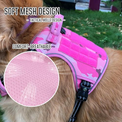 Tactical Dog Harness for Medium & Large Dogs, Camo Pink Adjustable No-Pull Control with Handle, Heavy Duty Reflective Vest - Size XL - color: CAMO PINK, size: XL