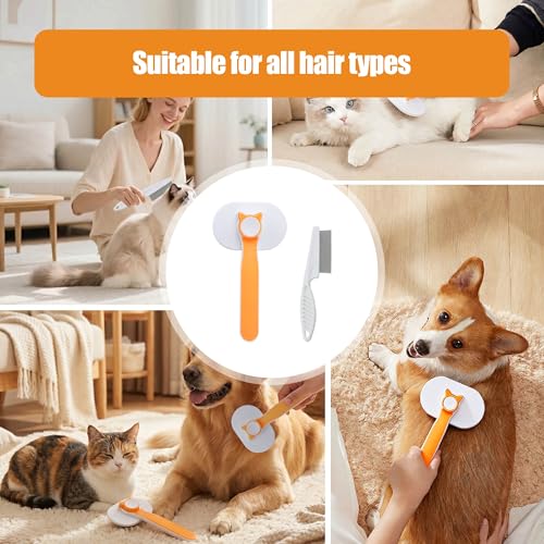 Self-Cleaning Pet Hair Brush & Fine-Tooth Comb | One-Button Fur Removal Tool | Rounded Stainless Steel Pins, Gentle on Skin | for Dogs & Cats, Long & Short Hair | Home Grooming Kit (orange)