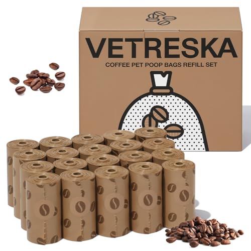 VETRESKA Dog Poop Bags, Coffee Scented Waste Bags, Leak Proof, Extra Thick and Large Dog Pet Bags for Dogs and Cats - 300 Count (20 Refill Rolls) - size: 1 Count (Pack of 300), style: coffee