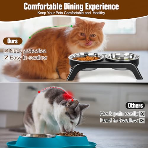 Elevated Cat Bowls - Anti-Vomiting Raised Food Bowl Set With 2 Stainless Steel Bowls, Prevents Neck Pain, ABS Anti-Slip Stand for Indoor Cats & Puppies (Black) - color: Black