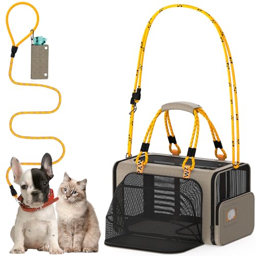 PAWZIDEA Expandable Pet Carrier Airline Approved, 18"×11"×11" Small Dog Carriers, Collapsible Top-Load Cat Carrier for 2 Cats Under Seat, Soft-Sided Puppy & Animal Travel Bag, ID Card, Up to 15lbs - color: Khaki Plaid, size: 18.0"L x 11.0"W x 11.0"H