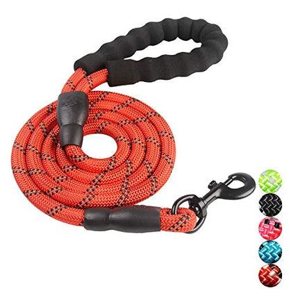 Rope Dog Leash 5 FT with Comfortable Padded Handle, Highly Reflective Threads Dog Leash for Medium Large Dogs, 1/2 inch, RED - color: RED 5FT