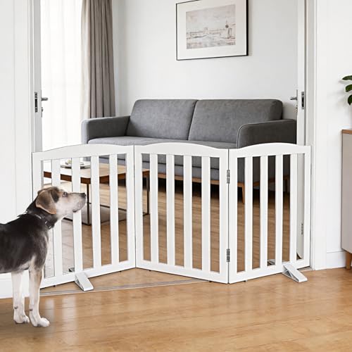 Freestanding Dog Gate Indoor,Doggie Gate Foldable Dog Gates for Doorways,Stairs or Hallways, Wooden White Pet Gate for The House, Pet Fence with Support Feet Included,24 "Height-3 Panels - color: White, size: 【3 Panels】60‘’w x 24''h