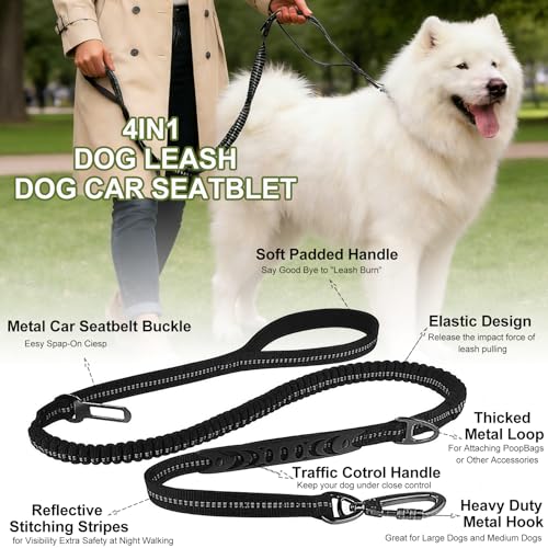 Dog Leash Heavy Duty, 4-6FT Bungee Leash Strong Shock Tactical Tug Leashes, Dog Seat Belt for Car with 2 Padded Handles, Reflective Rope Lead for L X-Large Dogs Walking Running Training (Black)