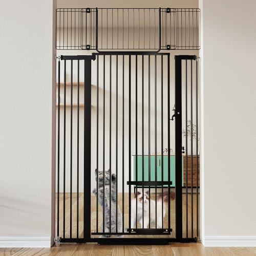 COMOMY 71" Extra Tall Pet Gate for Cats, 29.5-40.6" Extra Wide Cat Gate with Adjustable Cat Door, Pressure Mounted Easy Walk Through Pet Gate with Door for Stairs, Doorways, Kitchen(Black) - color: Black, size: 71" Tall x 40.6" Wide