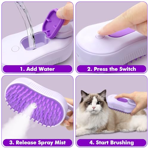 Pet Steam Brush for Shedding, 4-in-1 Cat Brush with 360° Rotating Arm for Short and Long Hair Cats and Dogs Grooming Supplies