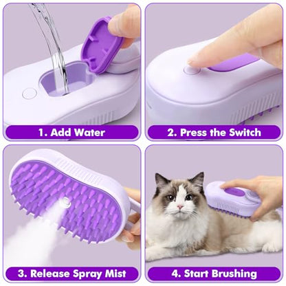 Pet Steam Brush for Shedding, 4-in-1 Cat Brush with 360° Rotating Arm for Short and Long Hair Cats and Dogs Grooming Supplies
