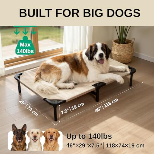 Elevated Dog Bed for Large Dogs, Cooling Mesh Raised Pet Cot with Waterproof 1680D Oxford Cover, Anti-Static Easy Clean Washable Cover, Heavy Duty Steel Frame, Non-Slip (Beige, 46"L x 29"W x 7.5"Th) - color: Beige