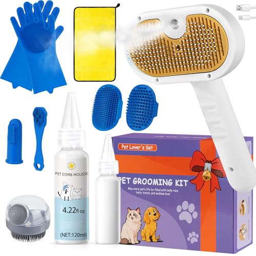 Pet Steam Brush for Dog & Cat – 3-in-1 Spray Hair Removal Comb for Shedding & Grooming, Softens Fur & Reduces Static – Water Brush for Long & Short Coats, Bath-Hating Pets, Includes Waterless Shampoo - size: 7.8″-180ML