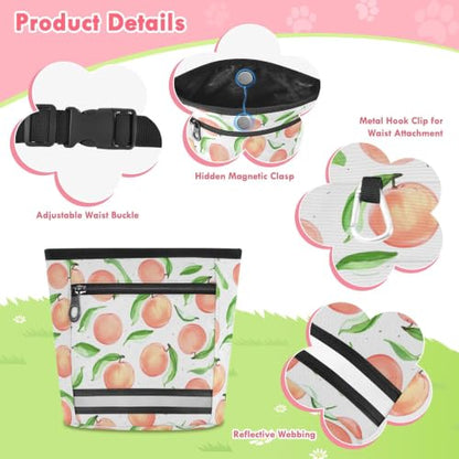Peach Water-Resistant Dog Treat Pouch, 3 Ways to Wear Treat Bag with Magnetic Closure & Reflective Strip, Hands-Free for Pet Training, Walking