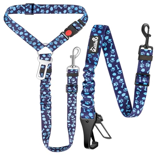 Lukovee Dog Seatbelt Leash for Cars, 2 Pack Pet Safety Car Seat Belt with Adjustable Buckle & Reflective Bungee, Connect Dog Harness in Vehicle Car Dogs Restraint Travel Daily Use (Blue Paw) - color: C-Blue Paw