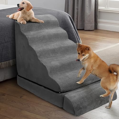 Dog Stairs for High Beds 30-36 inches Tall, 6-Step Pet Stairs/Steps for High Bed 32-36 inches for Small Large Dogs, Foam Dog Steps for Beds for Old Dogs/Cats, Dark Grey - color: 6 Step Dark Gray 29.1"H